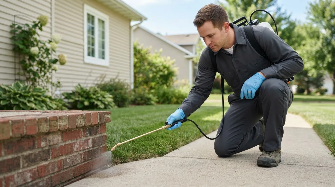 Pest control technician treating a home near Harvard, ID
